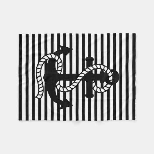 航海の白黒ストライプとブラックいかり フリースブランケット (正面(横))