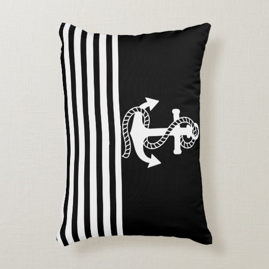 航海の白黒ストライプとホワイトいかり アクセントクッション (正面(垂直))