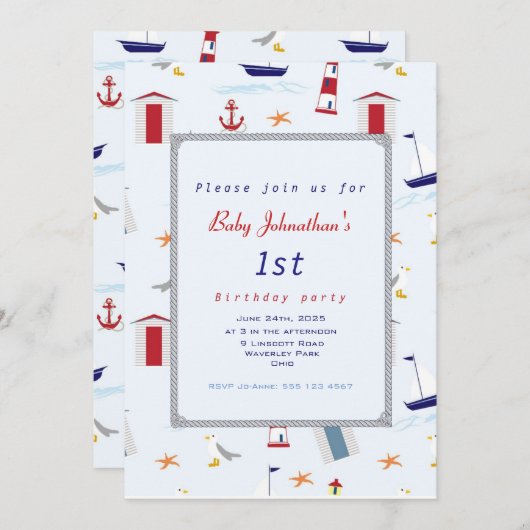 航海の第1回誕生日セーリングボート誕生日パーティー 招待状 (正面/裏面)