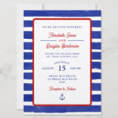 航海の素朴青の水の色のストライプ結婚 招待状 (正面)