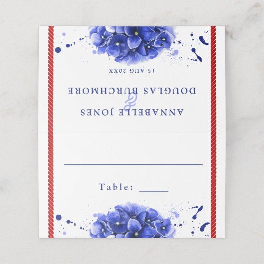 航海の結婚の青あじさい絵を描滴 プレイスカード (外部開封)