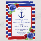 航海の結婚の青い赤のフローラ水色 招待状 (正面/裏面)