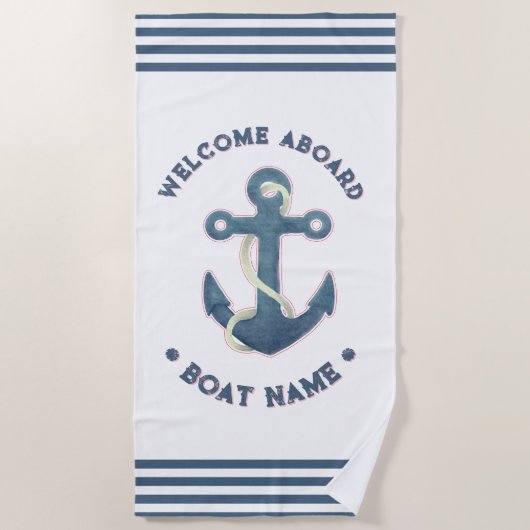 航海の船カスタム名の歓迎いかり ビーチタオル (正面)