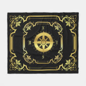 航海の船コンパス金箔ブラック/金ゴールド/ブラック フリースブランケット (正面(横))