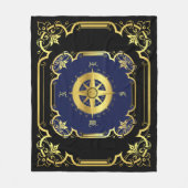 航海の船コンパス金箔ブラック/金ゴールド/ブルー フリースブランケット (正面)