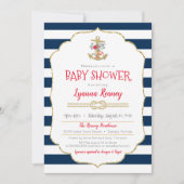 航海の花のアンカー ネイビーブルー 赤 ベビーシャワー 招待状 (正面)