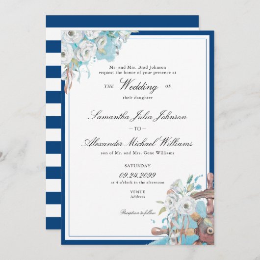 航海の花を飾ったネイビーとホワイトのフォーマルウェディング 招待状 (正面/裏面)
