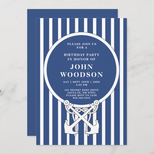 航海の誕生日ブルーストライプいかり 招待状 (正面/裏面)