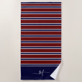 航海の赤白青ストライプのモノグラム名風呂 ビーチタオル (正面)
