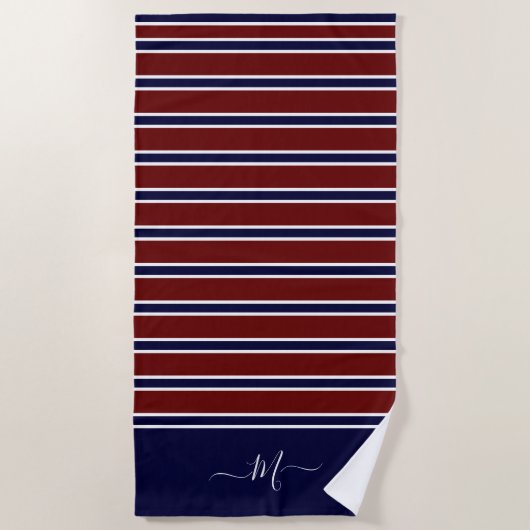 航海の赤白青ストライプのモノグラム名風呂 ビーチタオル (正面)
