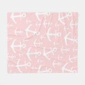 航海の赤面ピンクとホワイトいかりパターン フリースブランケット (正面(横))