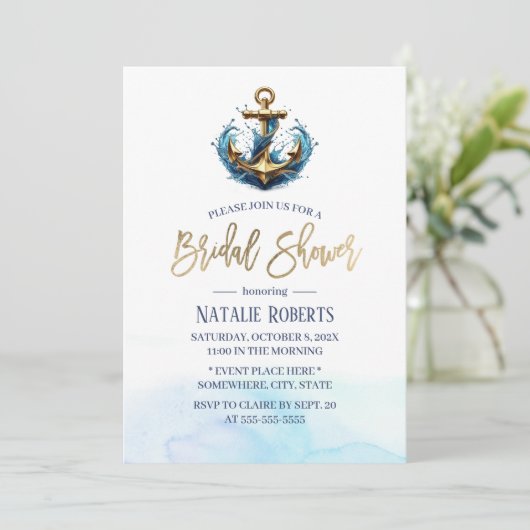 航海の金ゴールドいかりサマー結婚ズブライダルシャワー 招待状 (スタンド正面)