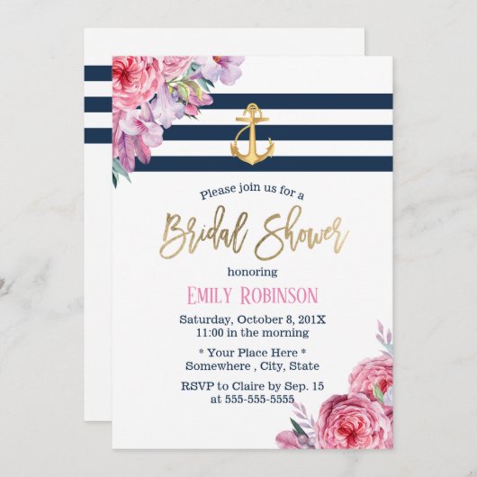 航海の金ゴールドいかりヴィンテージフローラブライダルシャワー 招待状 (正面/裏面)