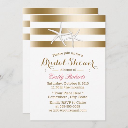 航海の金ゴールドストライプスターフィッシュブライダルシャワー 招待状 (正面/裏面)
