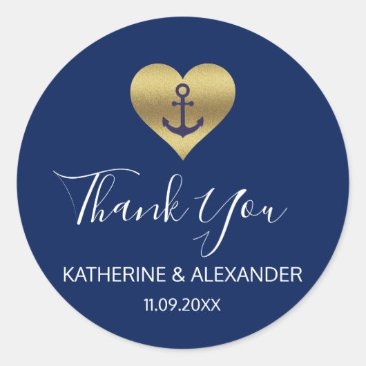 航海の金ゴールドハートネイビー結婚ブルーのシール ラウンドシール (正面)