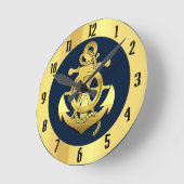 航海の金ゴールド船・船いかり・ネイビーブルー ラウンド壁時計 (傾斜)