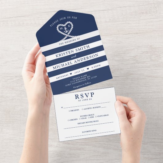 航海の青じま模様のロープハートアンカーウェディング オールインワン招待状 (貼ってはがせる)