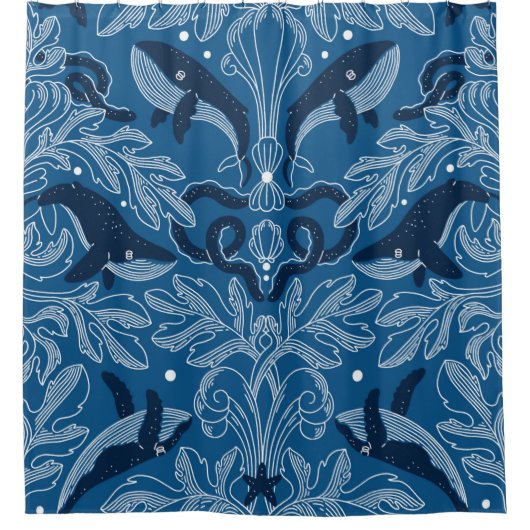 航海の鯨とビンタグを使ったダマスクの食モダン感 シャワーカーテン (正面)