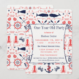 航海の1歳誕生日コーラルネイビー 招待状