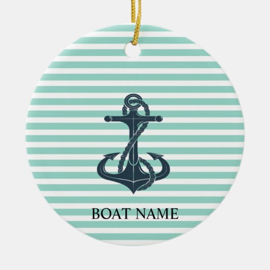 航海の,いかり，ミントグリーンストライプ セラミックオーナメント (正面)