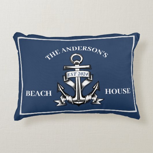 航海の ビーチハウス ファミリー名 Est 船 アンカー アクセントクッション (正面)