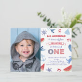 航海の /ビーチ赤白青1st Birthday写真 招待状 (スタンド正面)