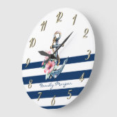航海の,フローラいかりネイビーストライプル ラージ壁時計 (傾斜)