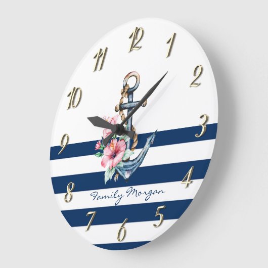 航海の,フローラいかりネイビーストライプル ラージ壁時計 (傾斜)