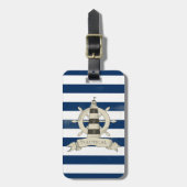 航海の,ボートホイール,青と白のストライプ ラゲッジタグ (正面縦)