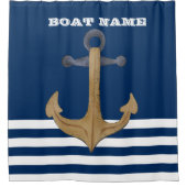 航海の,ヴィンテージいかりネイビーブルーストライプの シャワーカーテン (正面)