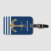 航海の,ヴィンテージいかりネイビーブルーストライプの ラゲッジタグ (正面横)