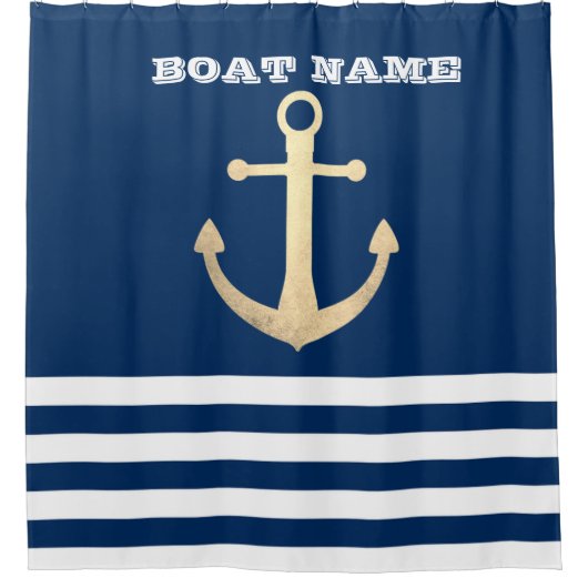 航海の、金ゴールドいかりネイビーストライプのル シャワーカーテン (正面)