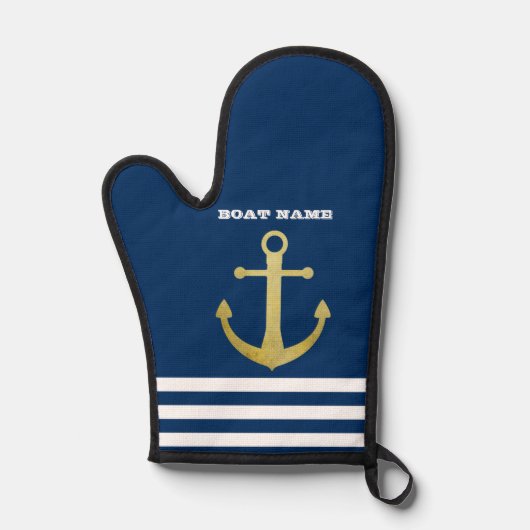 航海の、金ゴールドいかりネイビーストライプのル 鍋つかみ (正面)