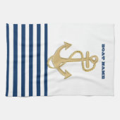 航海の,金ゴールドいかりネイビーブルー白ストライプ色 キッチンタオル (横)