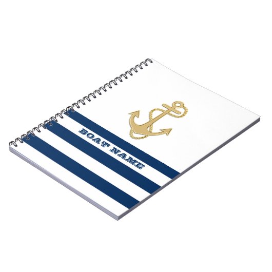 航海の,金ゴールドいかりネイビーブルー白ストライプ色 ノートブック (左側)