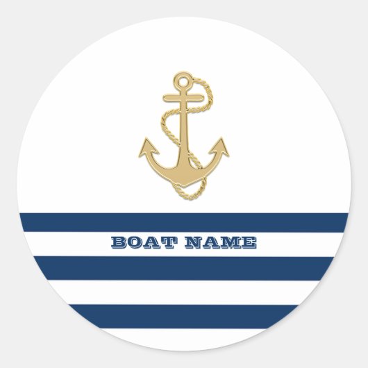 航海の,金ゴールドいかりネイビーブルー白ストライプ色 ラウンドシール (正面)