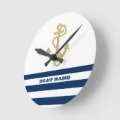 航海の,金ゴールドいかりネイビーブルー白ストライプ色 ラウンド壁時計 (傾斜)