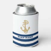 航海の,金ゴールドいかりネイビーブルー白ストライプ色 缶クーラー (缶正面)
