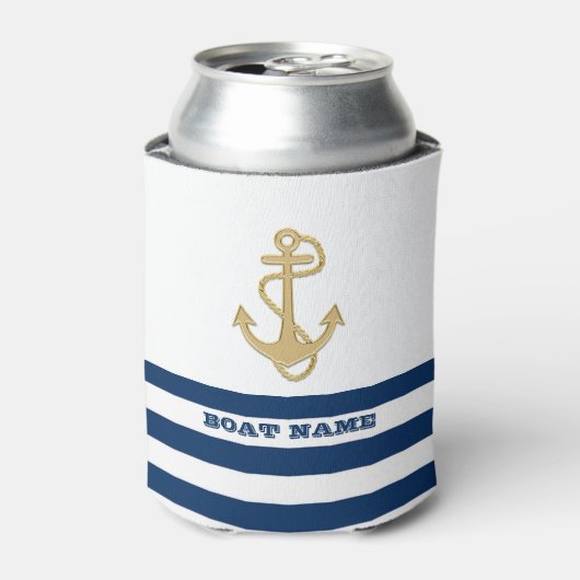 航海の,金ゴールドいかりネイビーブルー白ストライプ色 缶クーラー (缶正面)
