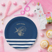 航海の,金ゴールドシーシェルNavy Blueストライプ ペーパープレート (パーティー)
