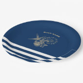 航海の,金ゴールドシーシェルNavy Blueストライプ ペーパープレート (アングル)