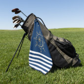 航海の,金ゴールドボートホイール，ネイビーブルーストライプズ ゴルフタオル (グリーン)