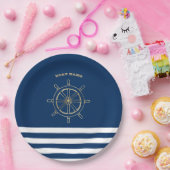 航海の,金ゴールドボートホイール，ネイビーブルーストライプズ ペーパープレート (パーティー)