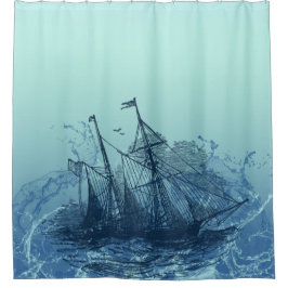 航海の-青い船 シャワーカーテン