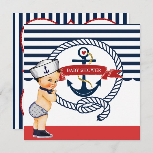 航海のAhoyそれは男の子のベビーシャワーの招待状です 招待状 (正面/裏面)
