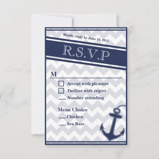 航海のchevron navy blue RSVPメニュー2つの選択肢 出欠カード (正面)