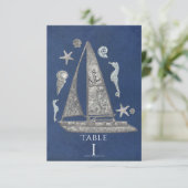 航海をイメージしたシルバーボート＆ビーチのテーブルナンバーカード 招待状 (スタンド正面)