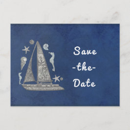 航海をイメージしたシルバー・ボート&ビーチグッズのSave the Date 案内ポストカード