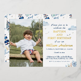 航海をテーマにした男の子の洗礼式と1歳の誕生日フォト 箔招待状