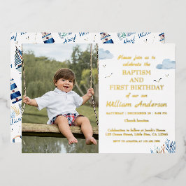航海をテーマにした男の子の洗礼式と1歳の誕生日記念写真 箔招待状